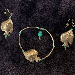Silver and Turquoise Fish Earring and Bracelet Set